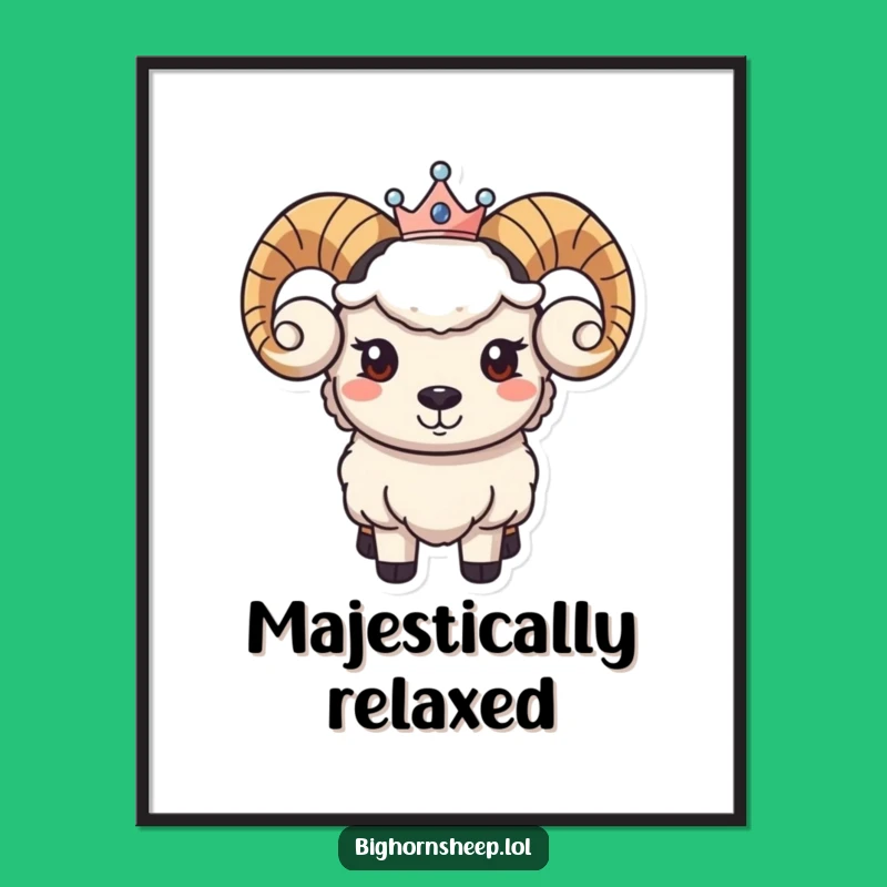Funny Regal Bighorn Sheep Art Print - Gentle Smile Crown Decor