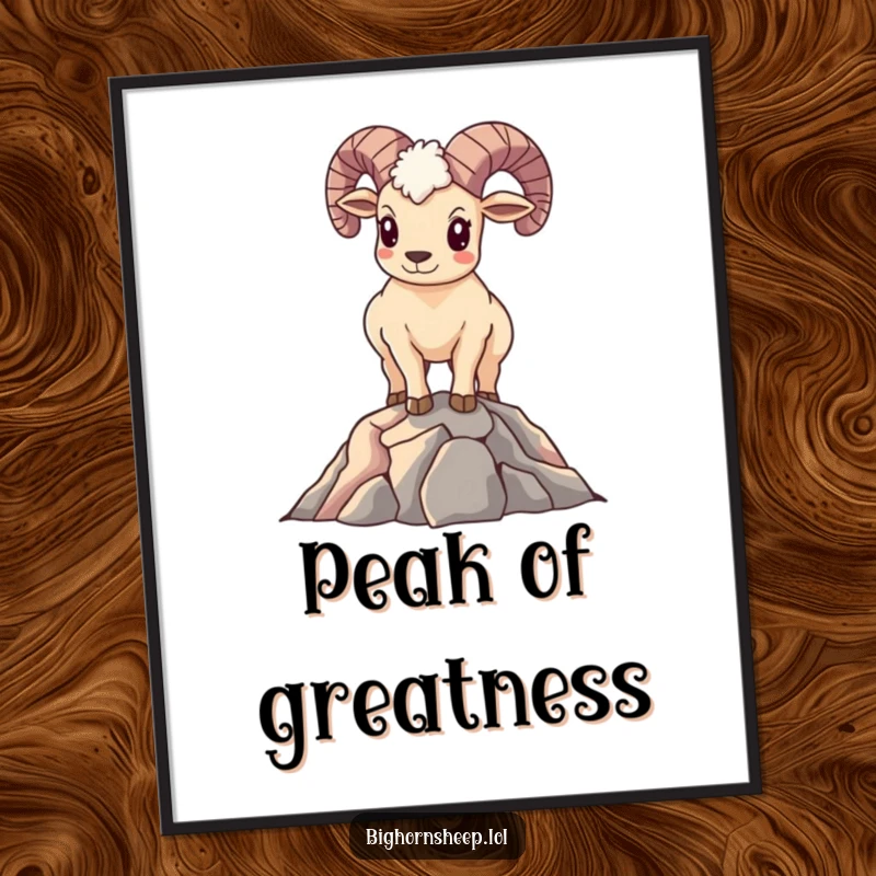 Funny Bighorn Sheep Poster: Smiling sheep standing proudly on a mountain peak, bringing an inspiring and triumphant aura to any room.