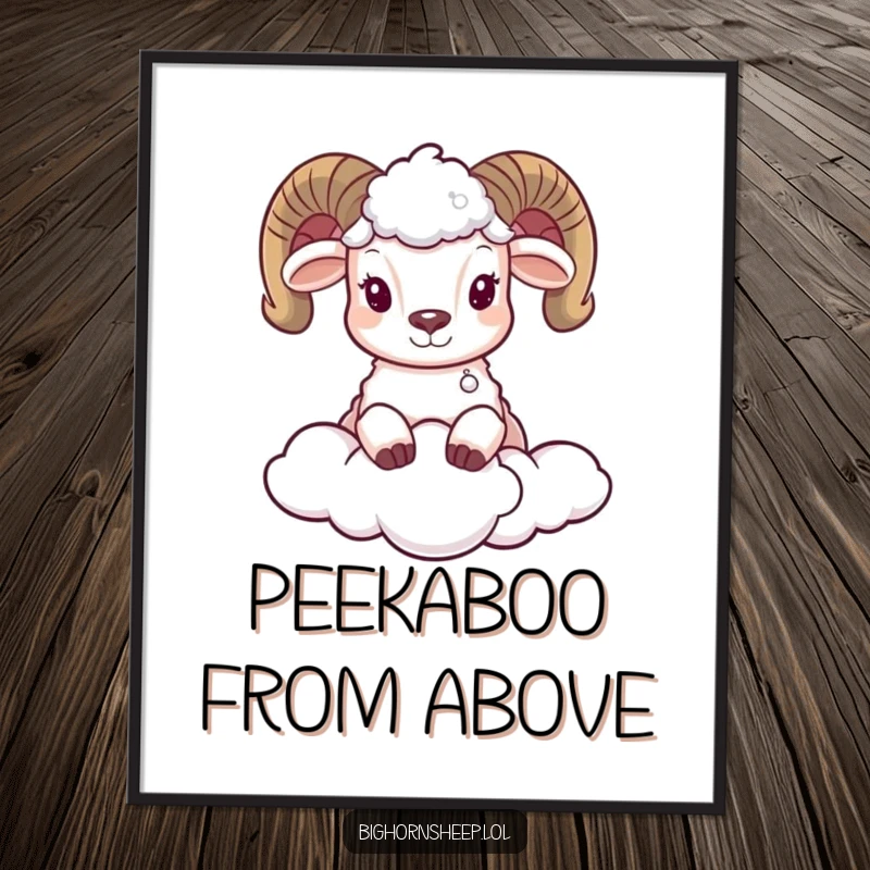 Funny poster of an adorable bighorn sheep peeking cutely from behind a giant, fluffy cloud, creating a whimsical and heartwarming scene.