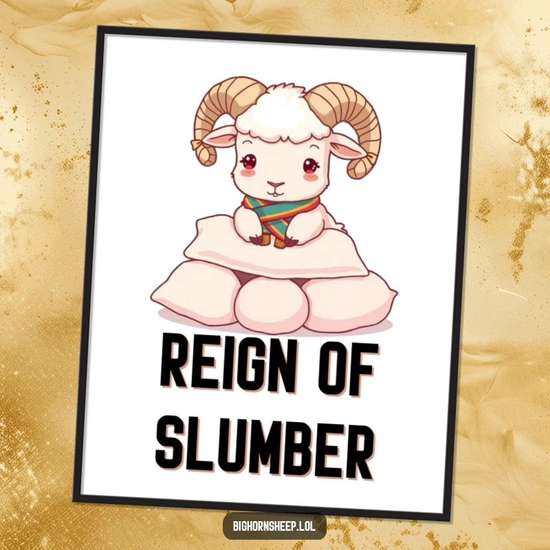 Funny Poster: Regal bighorn sheep wearing a sash, playfully buttering a pile of soft pillows.