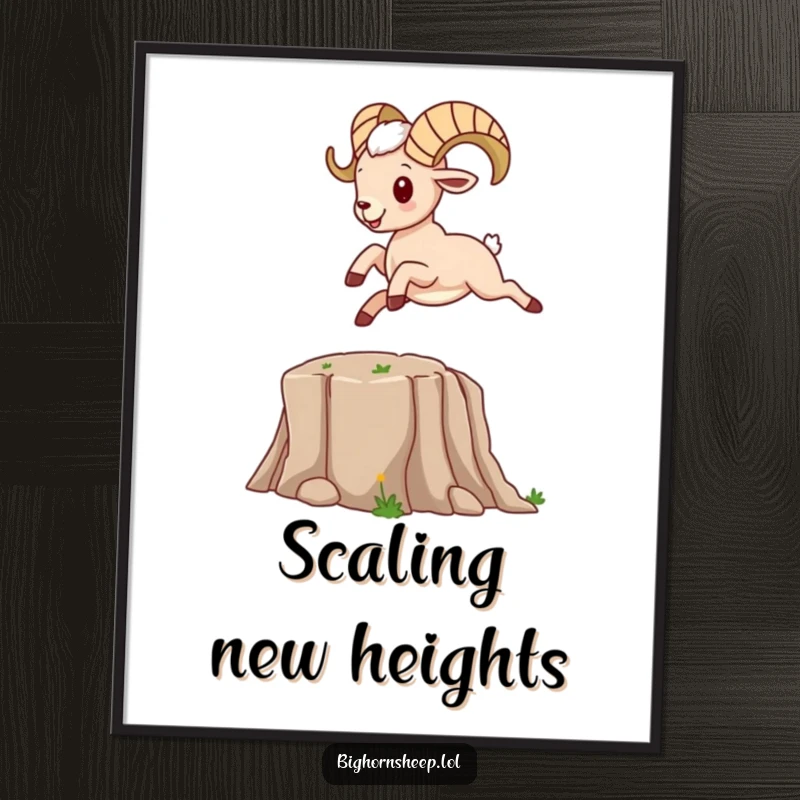 Funny bighorn sheep character energetically leaping over a cartoon canyon, displayed as impactful wall art.