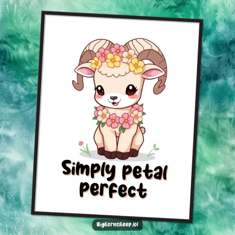 Funny bighorn sheep cub in a garland of mountain flowers, bleating playfully on a poster, adding sweet charm to decor.