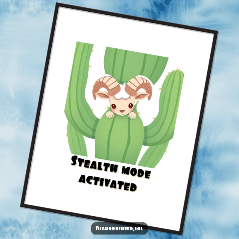 Funny shy bighorn sheep peeking cautiously from behind a cactus on a vibrant poster. Humorous desert wildlife wall decor.