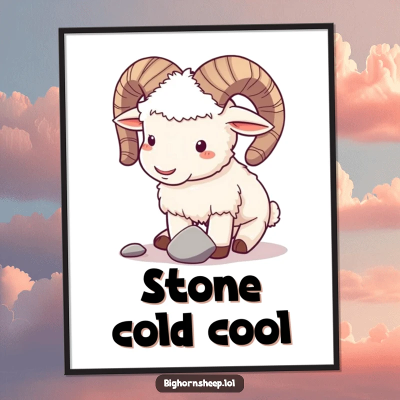 Funny poster art of a playful bighorn sheep gently butting horns with a small pebble, conveying humor and interaction.