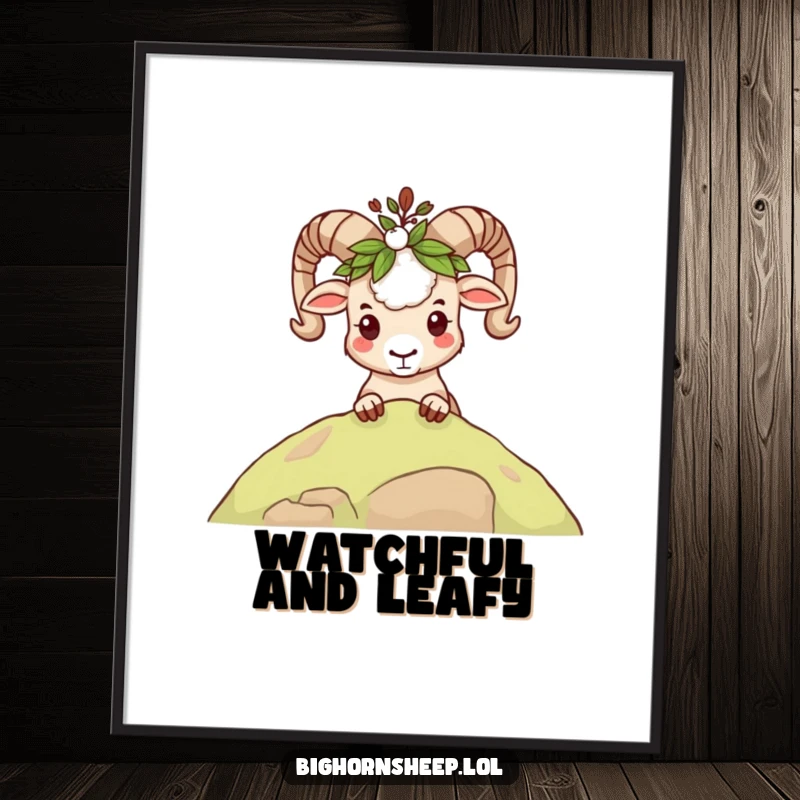 Funny mischievous bighorn sheep poster, peeking over a ridge with a leafy crown, embodying playful curiosity.