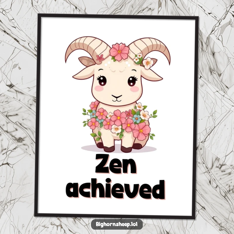 Funny bighorn sheep adorned with a flower garland, looking serene, presented as calming and humorous wall art.