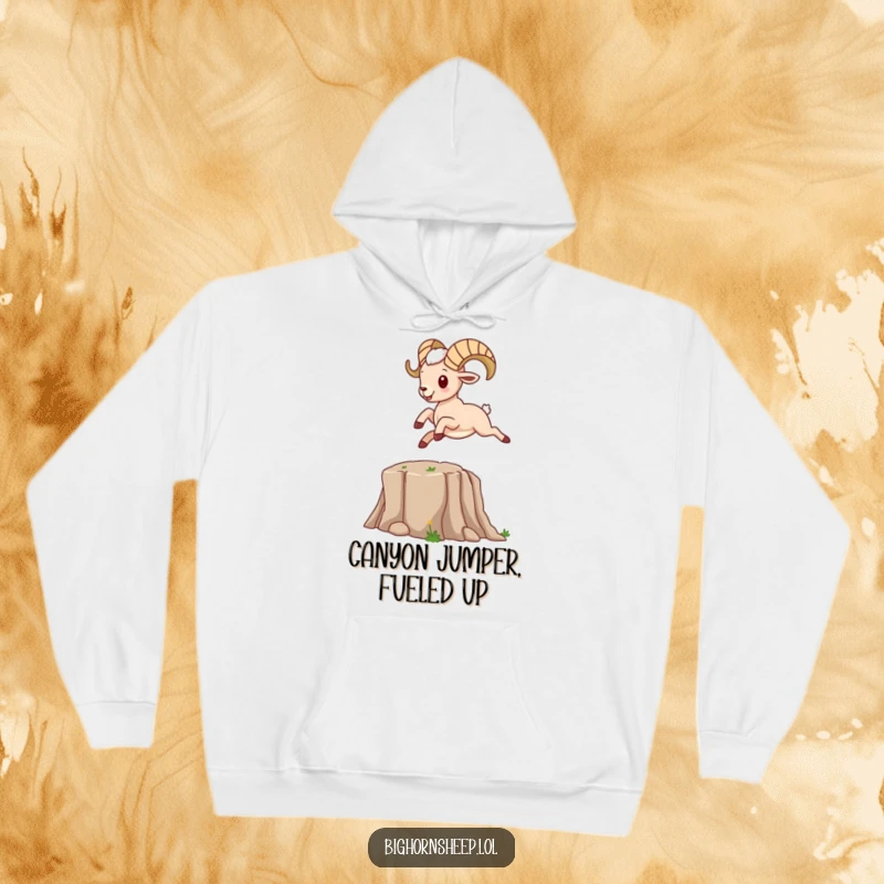 Funny bighorn sheep character leaping over a cartoon canyon, printed on a warm, cozy hoodie.
