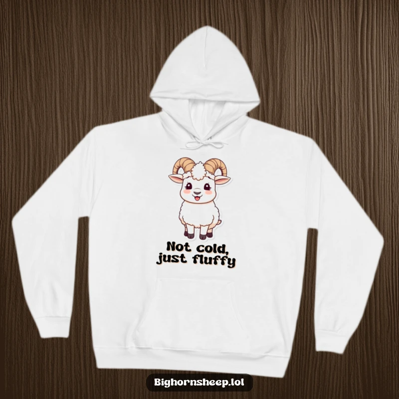 Funny hoodie featuring a delighted bighorn sheep laughing heartily, adorned with charmingly crooked wooly ear muffs for ultimate cozy humor.