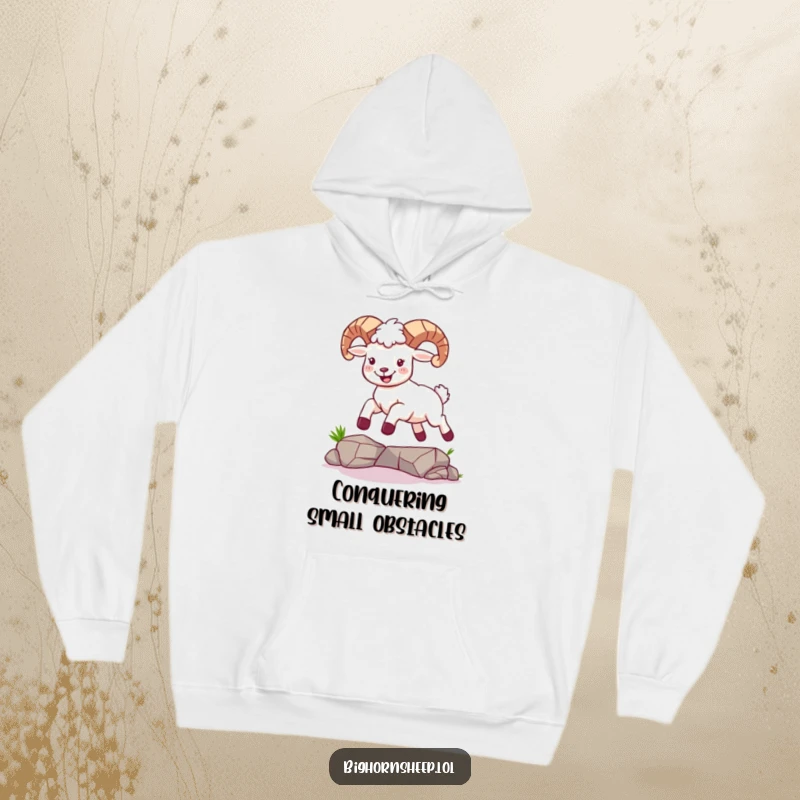 Funny hoodie featuring a bighorn sheep captured in mid-leap over a small gap, its face beaming with unbridled joy.