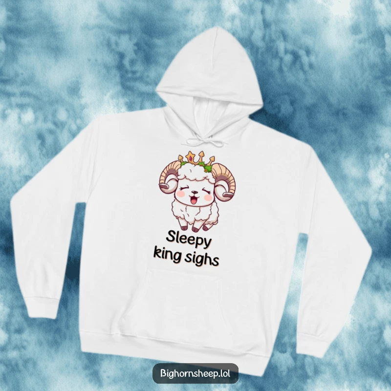 Funny sleepy bighorn sheep hoodie, yawning sheep wearing a moss crown, embodying comfort and gentle humor.