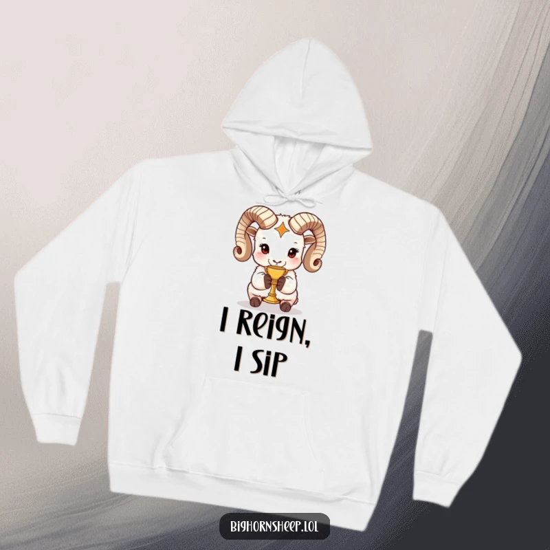 Funny bighorn sheep hoodie showing a regal sheep holding a miniature golden chalice, offering warm and humorous comfort with style.