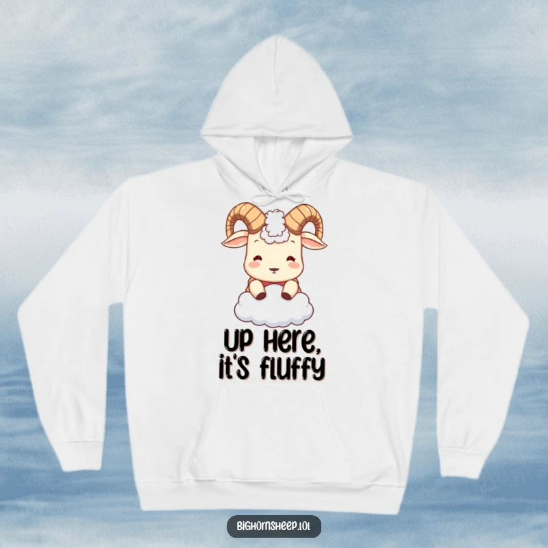 Funny Bighorn Sheep Hoodie: Cute little sheep with small horns playfully headbutting a cloud, perfect for cozy, humorous relaxation.