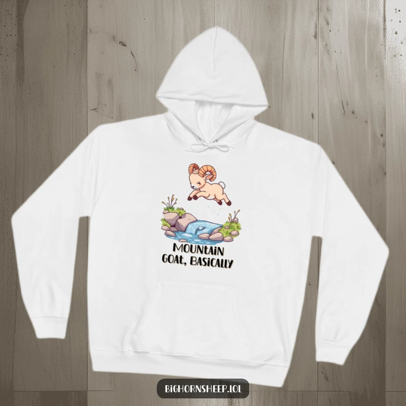 Funny bighorn sheep cub hoodie, depicted leaping dynamically over a stream, showcasing its playful spirit and love for the outdoors.