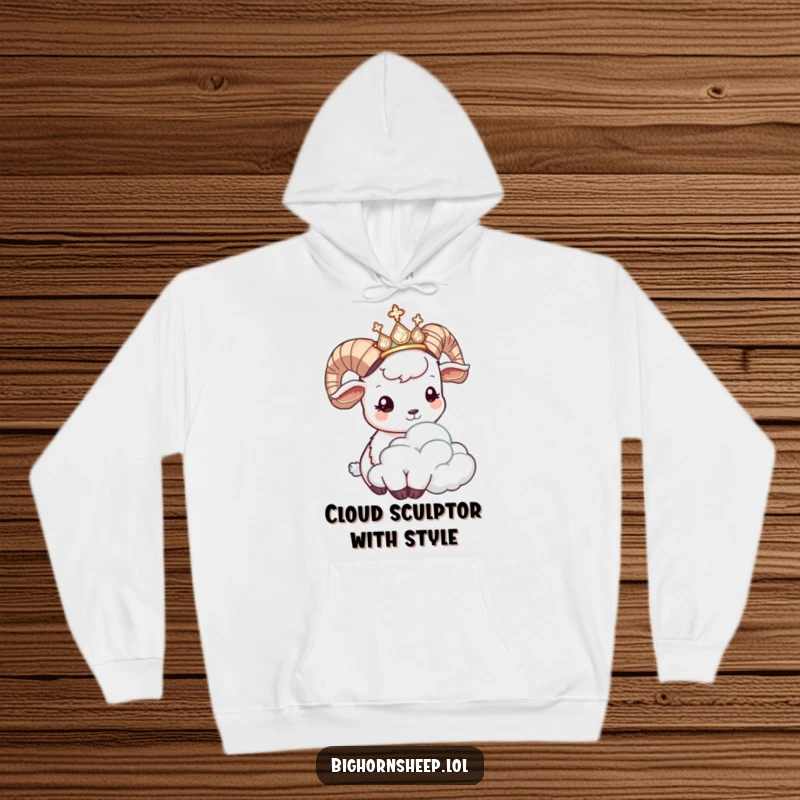 Funny bighorn sheep hoodie, a sheep in a glittering tiara playfully headbutting a cloud, radiating comfort and comedic charm.