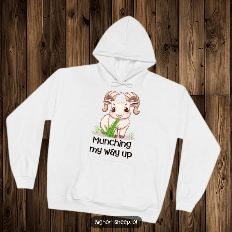 Funny happy bighorn sheep hoodie, depicting the sheep happily chewing grass, symbolizing peace and simple joys.
