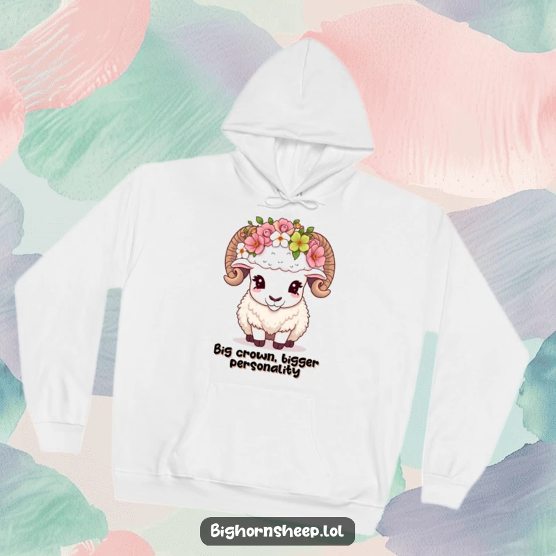 Funny Hoodie with a bighorn sheep comically adjusting an oversized flower crown, bringing rugged humor and warmth.