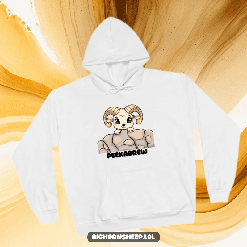 Funny Curious Bighorn Sheep Hoodie: A warm hoodie depicting a sheep with wide, curious eyes peeking from behind a rock.
