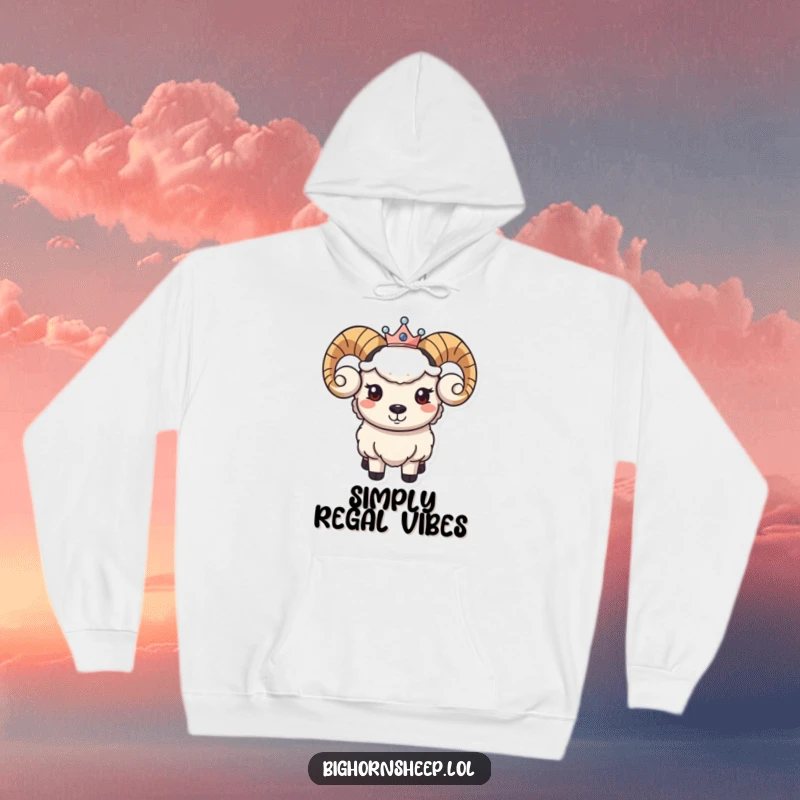 Funny hoodie featuring a bighorn sheep character exuding calm, with a sweet smile and a miniature crown, embodying gentle rule.