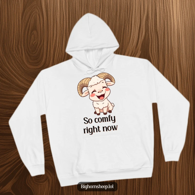 Funny hoodie featuring a bighorn sheep yawning widely with a contented smile, embodying hilarious comfort and peacefulness.