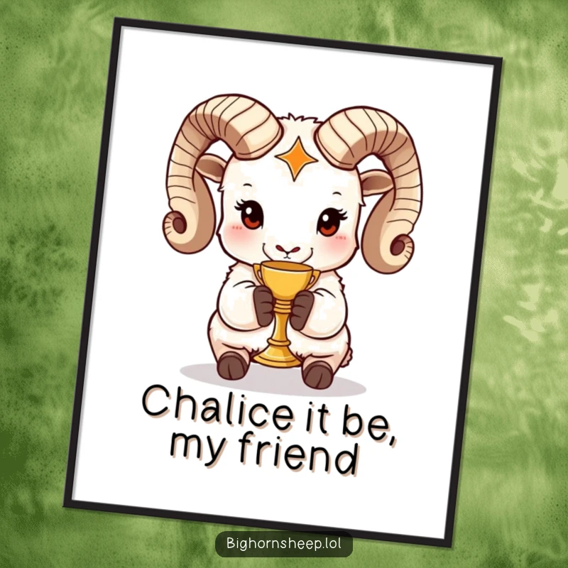 Funny Free Printable Wall Art: A bighorn sheep majestically holding a tiny golden chalice, exuding an air of comical importance and charm.