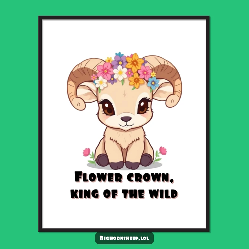 Free Printable Wall Art: Curious Bighorn Sheep Cub with Wildflower Crown - Funny Art