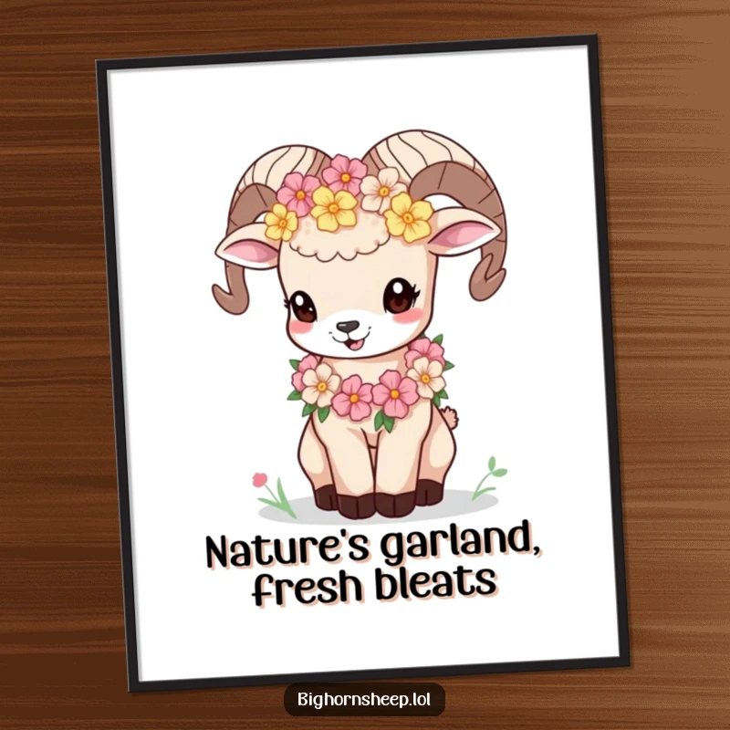 Funny free printable wall art shows a fluffy bighorn sheep cub adorned with a garland of colorful mountain flowers, letting out a happy bleat.