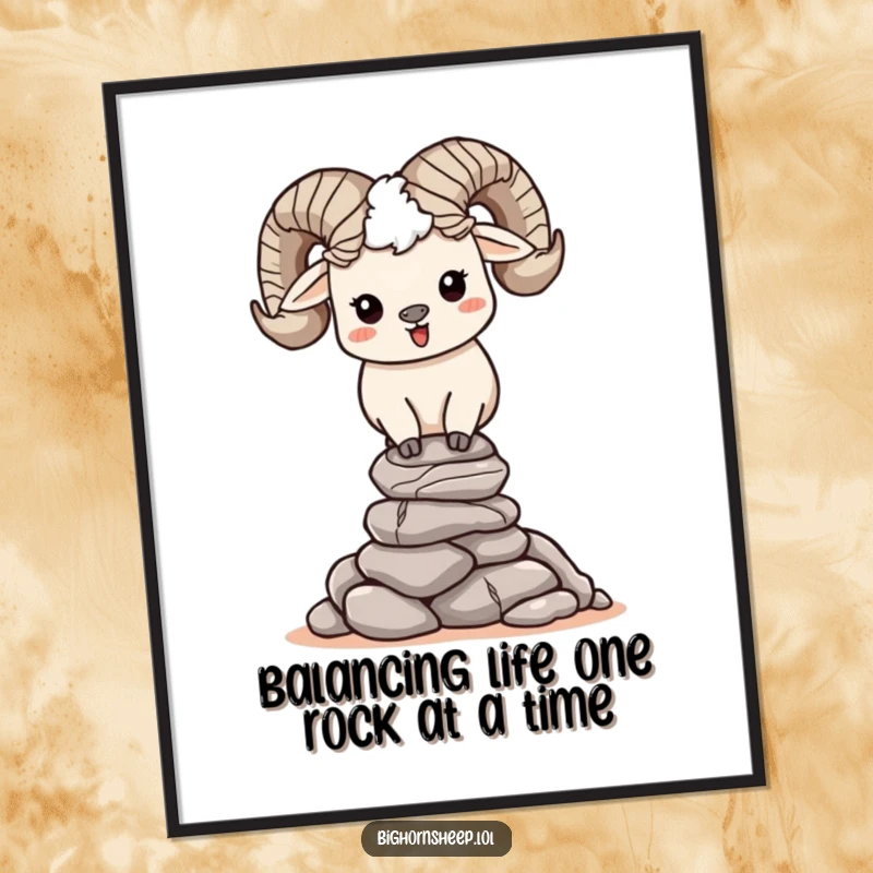 Funny free printable wall art depicts a joyful bighorn sheep character skillfully balancing a tall, impressive stack of small, smooth rocks.