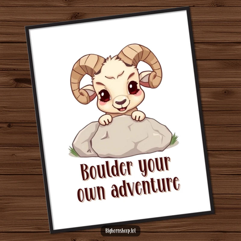 Funny free printable wall art shows a bighorn sheep with a sly, mischievous grin peeking out from behind a very large, imposing boulder.
