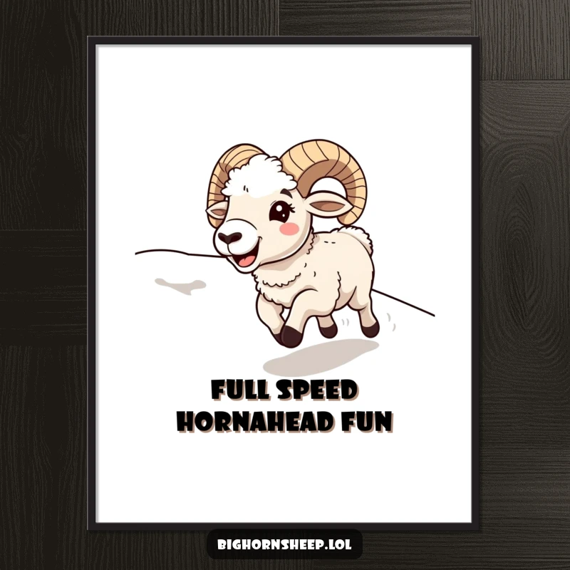 Funny Free Printable Wall Art: Bighorn sheep joyfully runs downhill with a wide open mouth, embodying pure, happy energy.