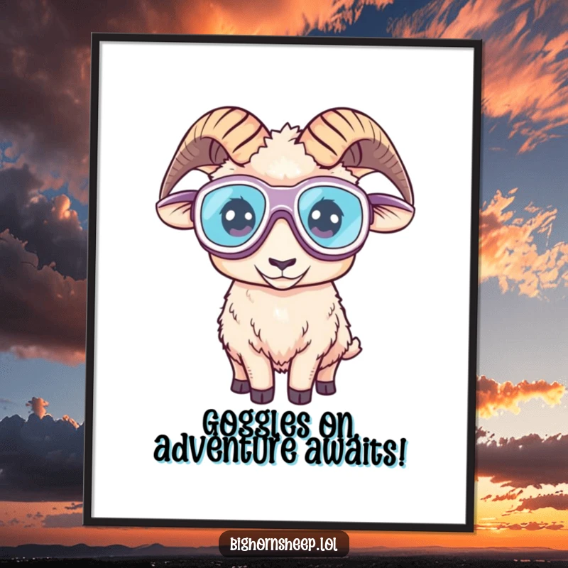 Funny Free Printable Wall Art: A bighorn sheep with oversized goggles, looking ready for an exciting adventure, adding a humorous touch.