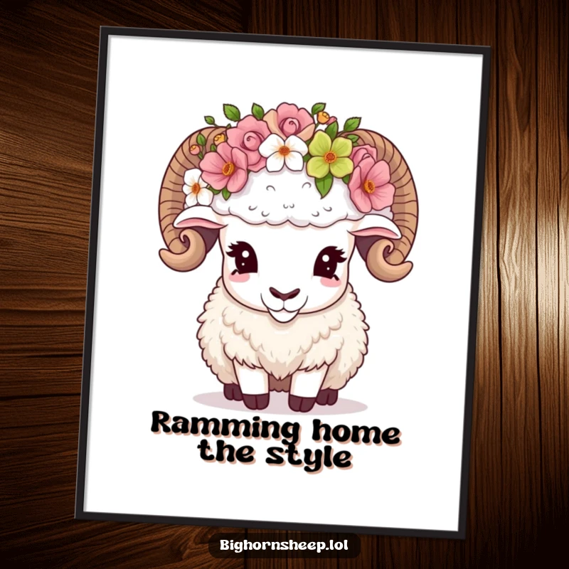 Funny Free Printable Wall Art of a bighorn sheep looking slightly bewildered while adjusting a comically oversized flower crown on its head.