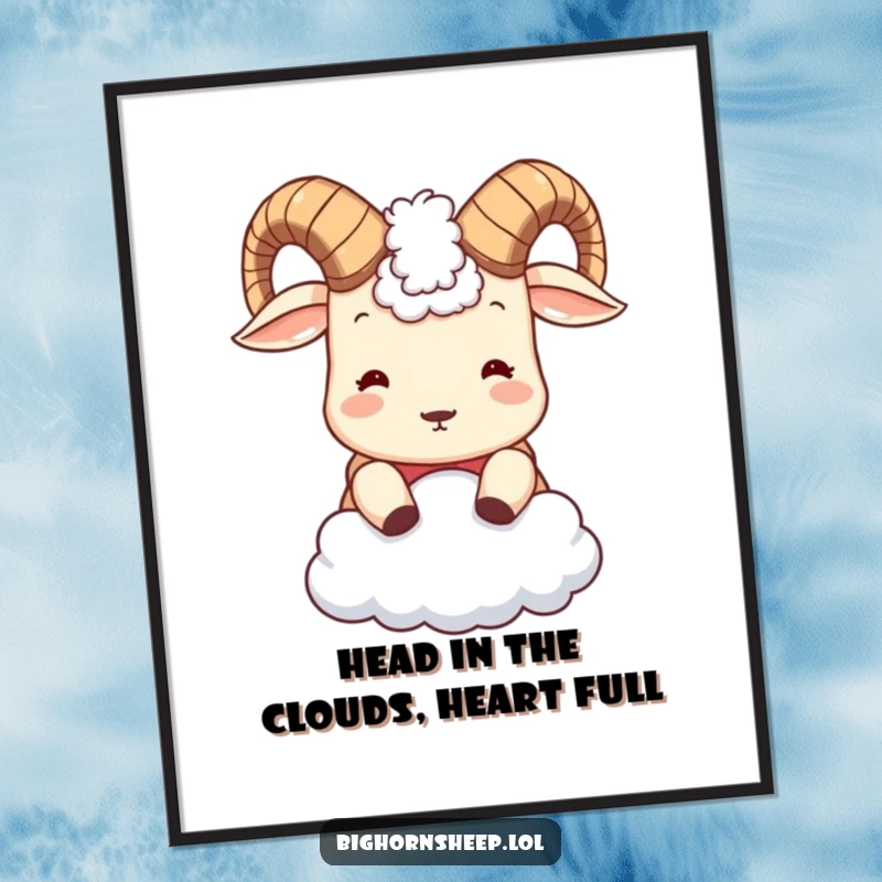 Funny Free Printable Wall Art: Cute bighorn sheep with small horns playfully headbutting a fluffy cloud, whimsical and unique downloadable art.