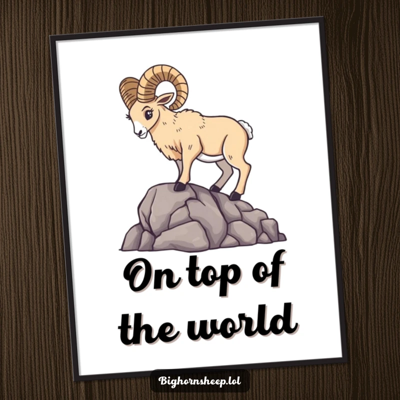Funny Free Printable Wall Art depicting a bighorn sheep striking a dramatic, majestic pose on a rocky outcrop.