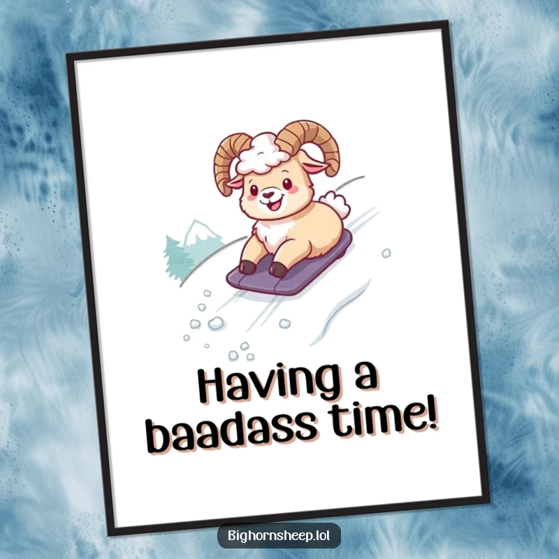 Funny Free Printable Wall Art: A happy, giggling bighorn sheep joyfully sliding down a snowy mountain slope, radiating pure fun.