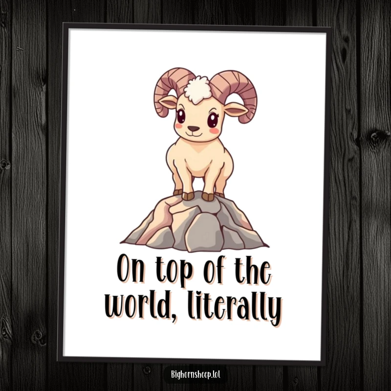 Funny Free Printable Wall Art: Smiling bighorn sheep standing proudly and confidently on a high mountain peak, inspirational downloadable art.