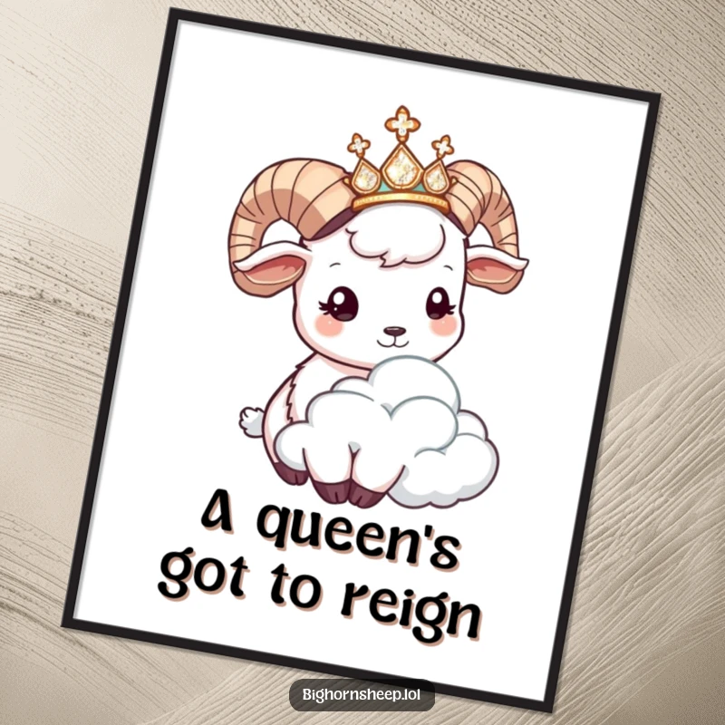 Funny Free Printable Wall Art: Bighorn sheep wearing tiara playfully headbutting a cloud, whimsical decor.