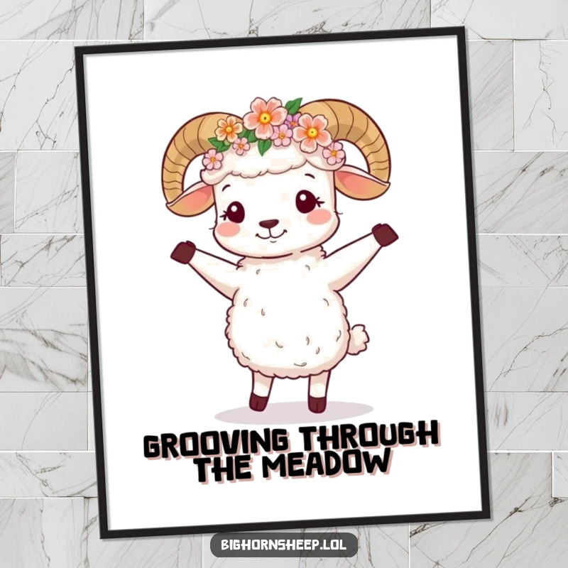 Funny Free Printable Wall Art: Cute bighorn sheep wearing a flower crown, performing a happy little dance.