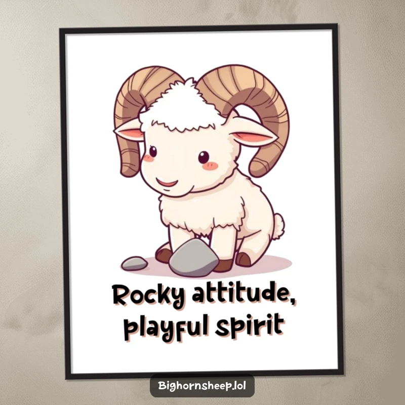 Funny Free Printable Wall Art: A bighorn sheep playfully butting horns gently with a small pebble.