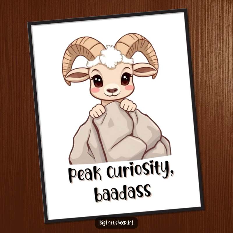 Funny Free Printable Wall Art: A bighorn sheep with curious eyes peeking over a rocky mountain ledge.