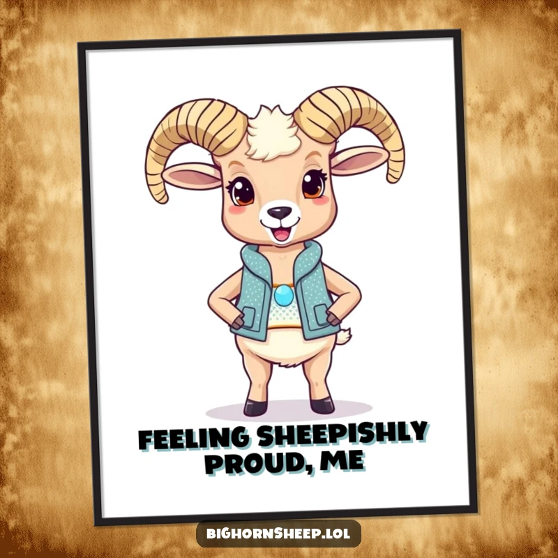 Funny Free Printable Wall Art featuring a delighted bighorn sheep in a sparkly vest, striking a proud and glamorous stance.