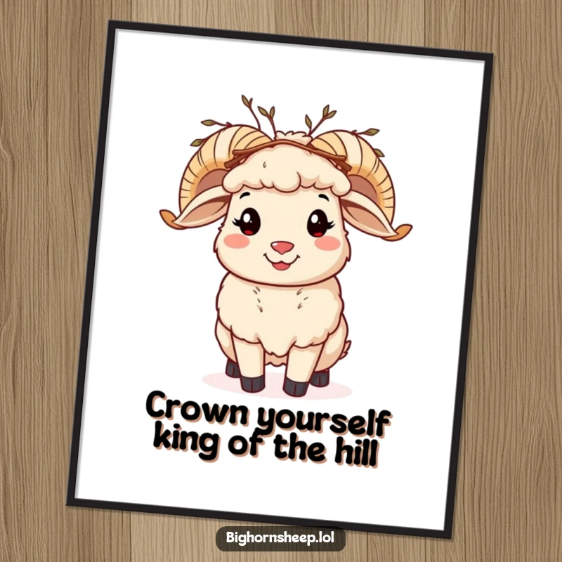 Funny Free Printable Wall Art depicting a cheerful bighorn sheep with a twig crown, waving happily.