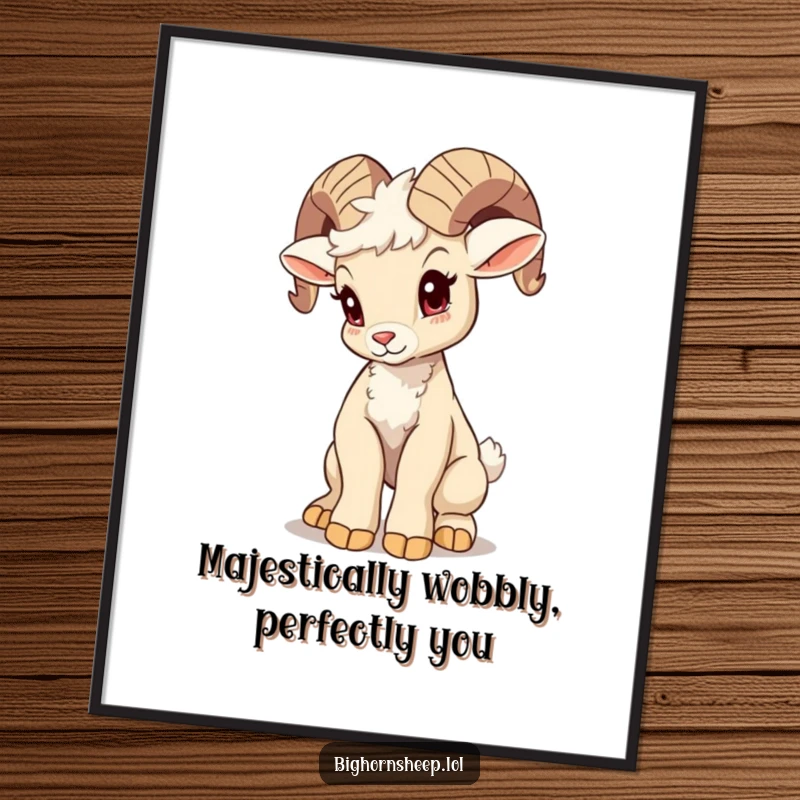 Funny free printable wall art features a bighorn sheep cub trying to strike a majestic pose but looking adorably wobbly.