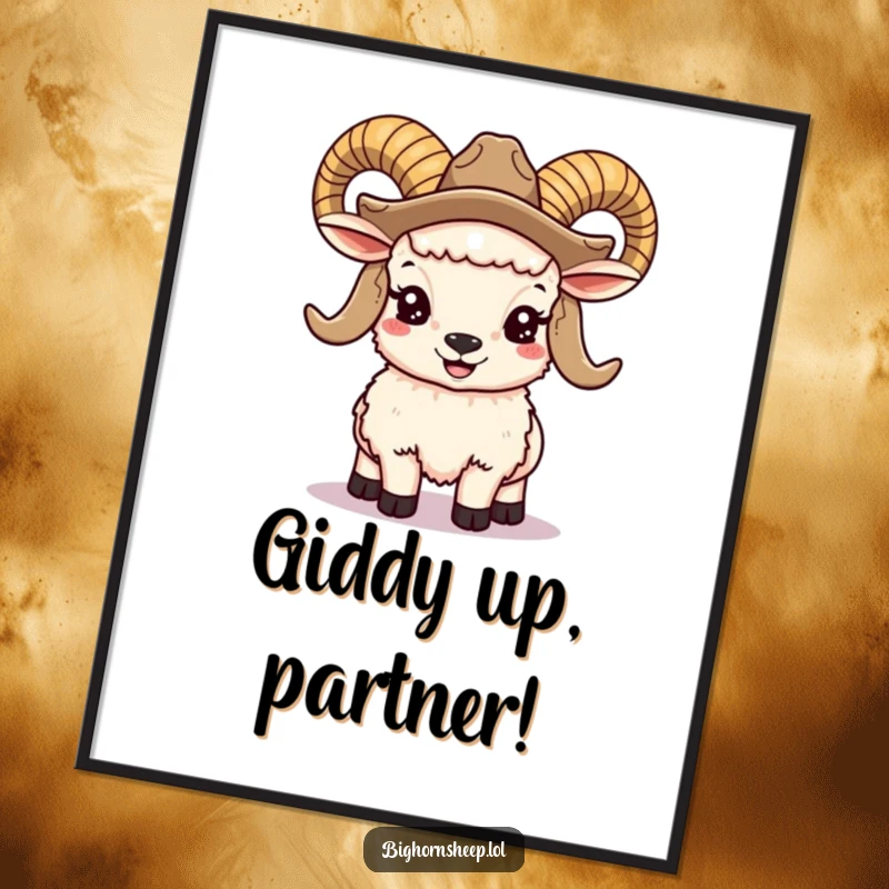 Funny Free Printable Wall Art: cute bighorn sheep with large horns, wearing a cowboy hat, smiling, downloadable art, quirky decor, DIY gift.