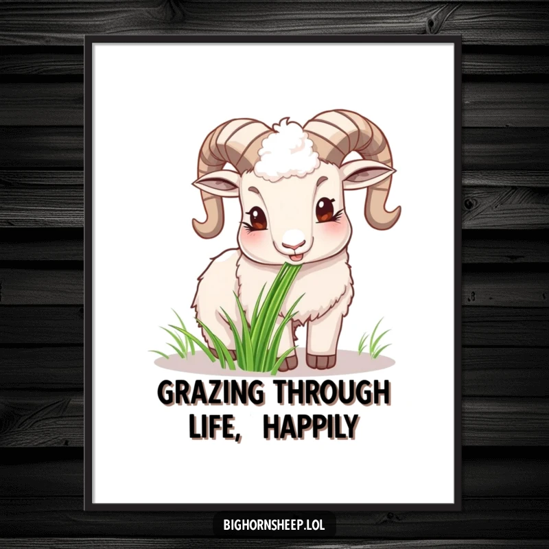 Funny Free Printable Bighorn Sheep Wall Art: A contented sheep happily chewing on a tuft of vibrant green grass.