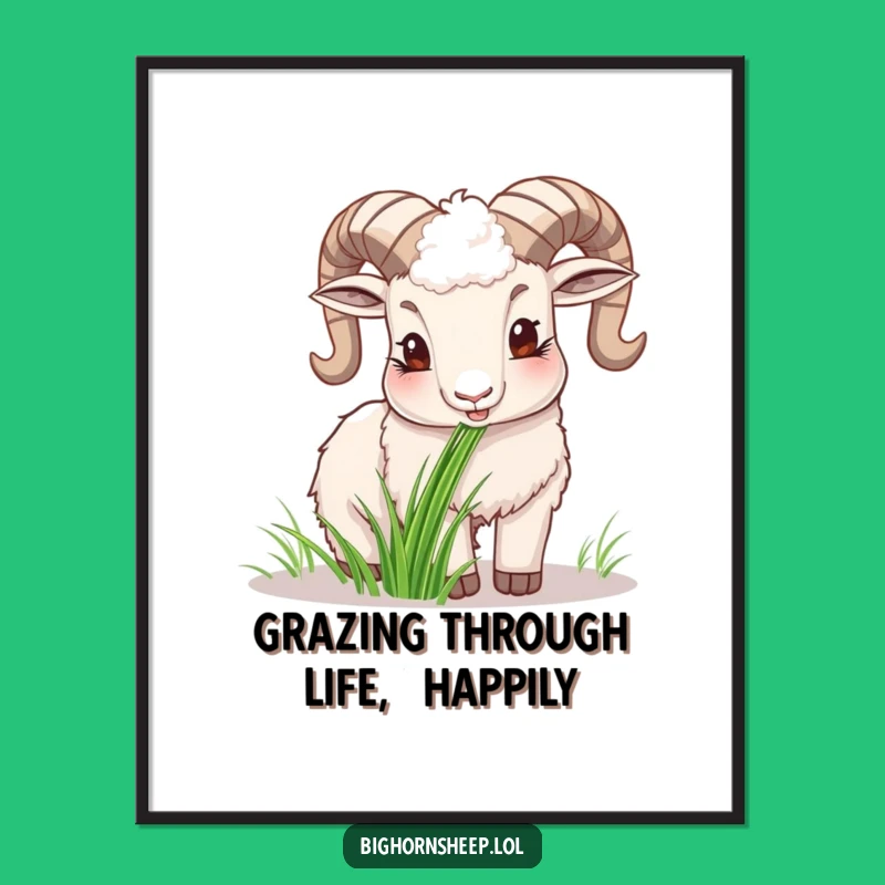 Free Printable Funny Bighorn Sheep Wall Art - Happy Chewing Grass Downloadable Decor.