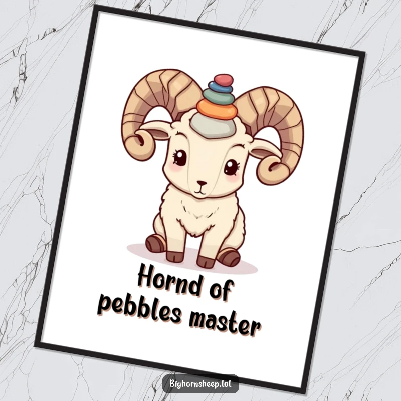 Funny Free Printable Wall Art: Bighorn sheep masterfully balances a colorful pebble stack on its horns, a quirky decor piece.