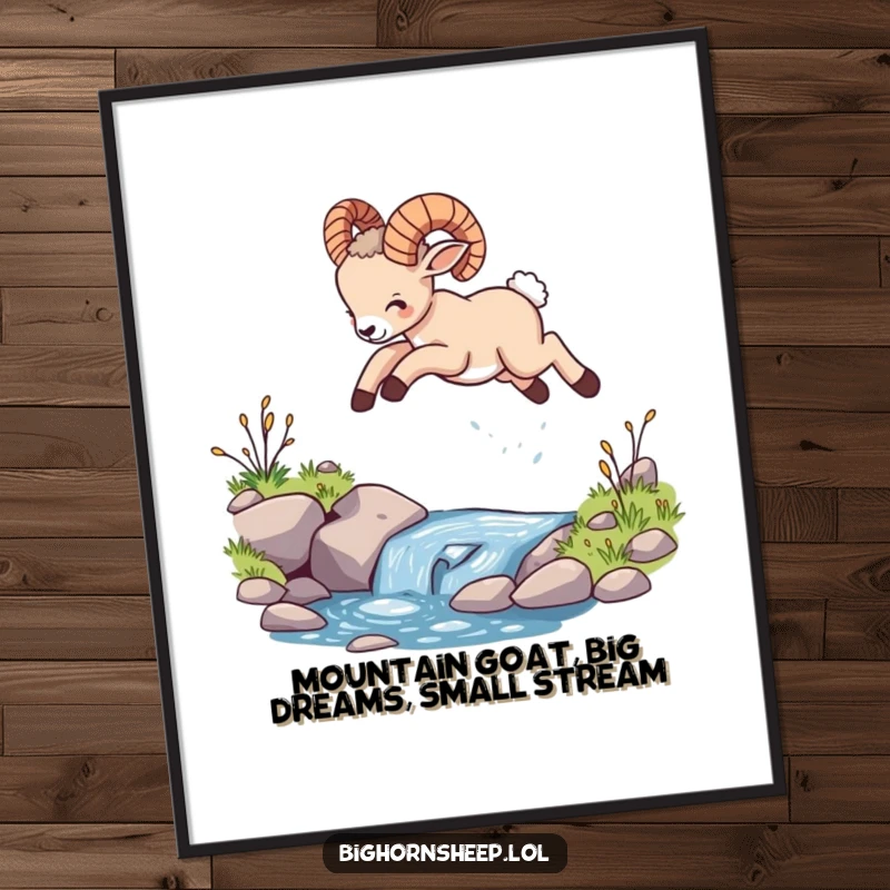 Funny Free Printable Bighorn Sheep Wall Art: A small, energetic cub leaping dynamically over a stream.