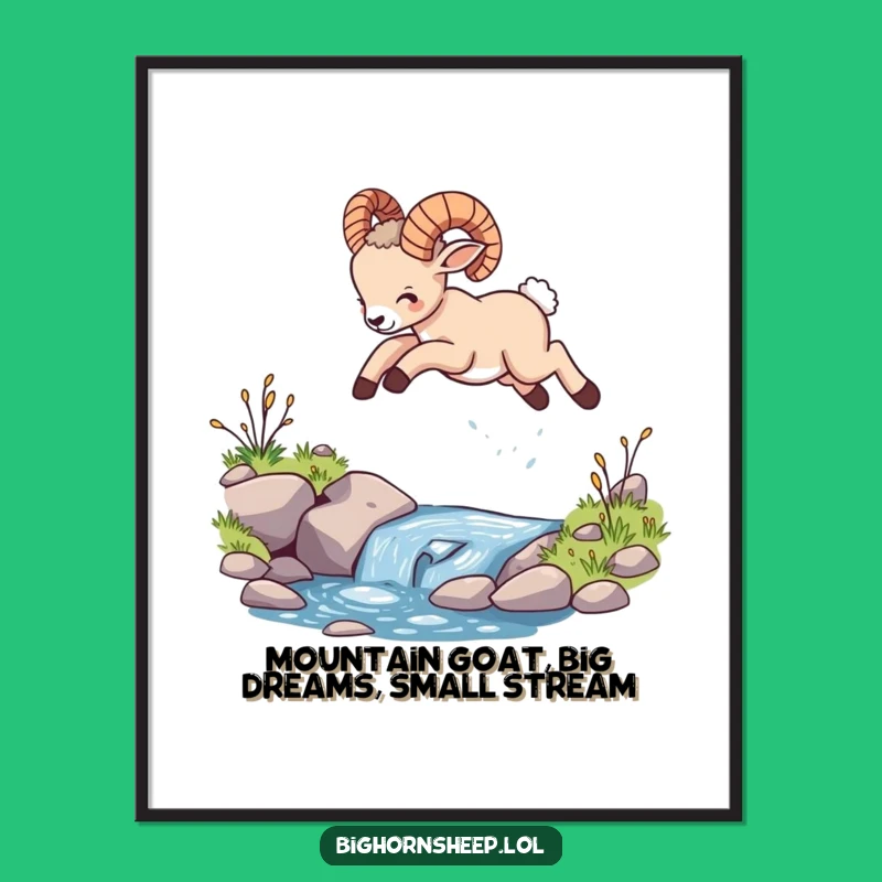 Free Printable Funny Bighorn Sheep Wall Art - Cub Leap Over Stream Downloadable Decor.