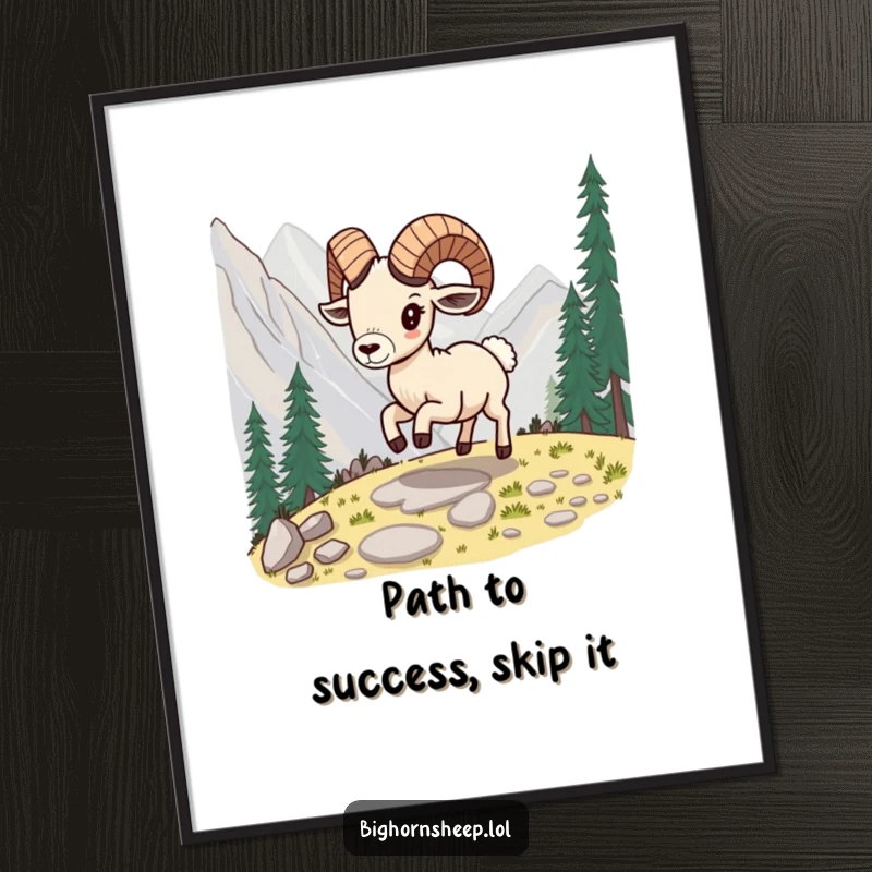 Funny Free Printable Bighorn Sheep Wall Art: A happy sheep energetically skipping along a winding mountain path.