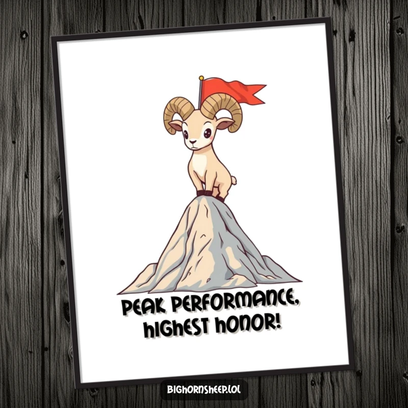 Funny Free Printable Wall Art: A bighorn sheep standing proudly atop a mountain peak, planting a flag, symbolizing achievement.